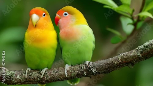 Colorful lovebirds on branch
