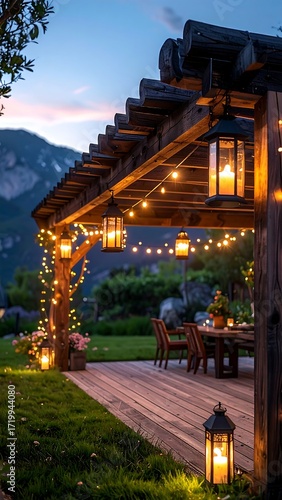 Outdoor dining area under pergola at twilight