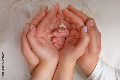 Newborn's Tiny Feet Held by Parents' Hands