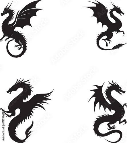 Four black silhouette dragons in different poses