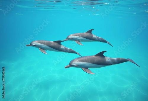 Three bottlenose dolphins swimming gracefully in clear ocean water,  ocean life,  wildlife photography