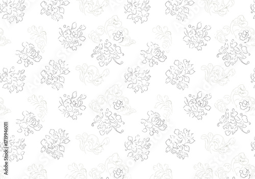 A delicate white background adorned with a scattered pattern of intricate grey and beige floral motifs suggesting a subtle and elegant design.