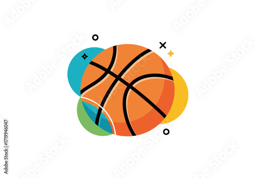 An illustration of a basketball with colorful circles behind it on a white background.