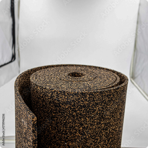 Принти на полотні Close view of light laminate planks laid over a speckled cork rubber underlay for sound and thermal insulation