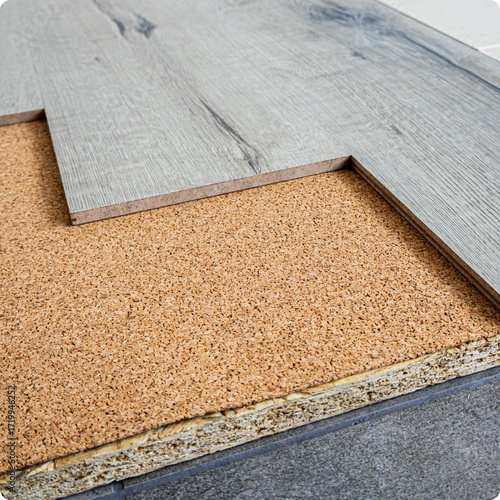 Schilderij op canvas Demonstration of gray laminate planks installed over a cork underlayment panel, illustrating subfloor preparation and acoustic insulation