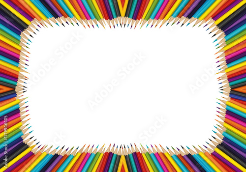 A vibrant border of colored pencils radiating outwards from a central white space creating a playful and artistic frame.