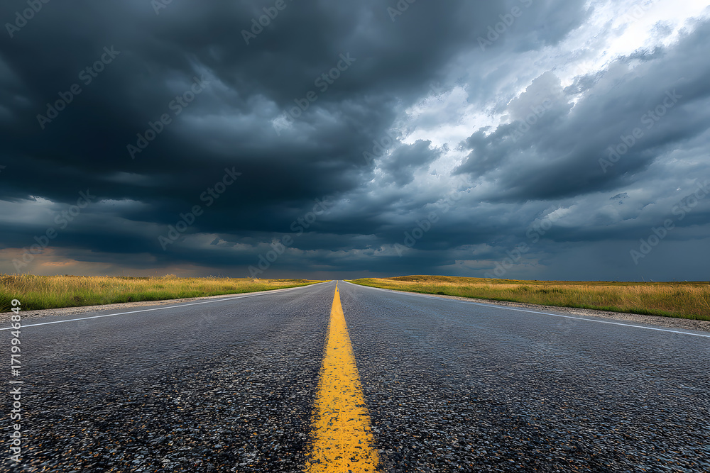 Naklejka premium Dark Cloudy Road Leading Toward Horizon as a Metaphor of Hope