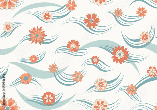A flowing pattern of soft coral flowers with teal brush strokes on a cream background.