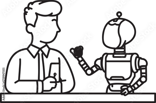 A set of clean vector illustrations showing human-robot interaction in education, work, and collaboration. EPS-ready line art for technology, STEM, and innovation themes