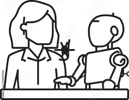 A set of clean vector illustrations showing human-robot interaction in education, work, and collaboration. EPS-ready line art for technology, STEM, and innovation themes