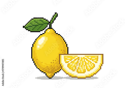 A vibrant yellow lemon sits next to a fresh slice of citrus fruit with visible seeds and segments.