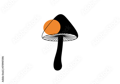 A minimalist illustration of a black mushroom with a distinct cap and stem featuring abstract orange circle overlay and delicate gill lines representing the whimsical and natural world.
