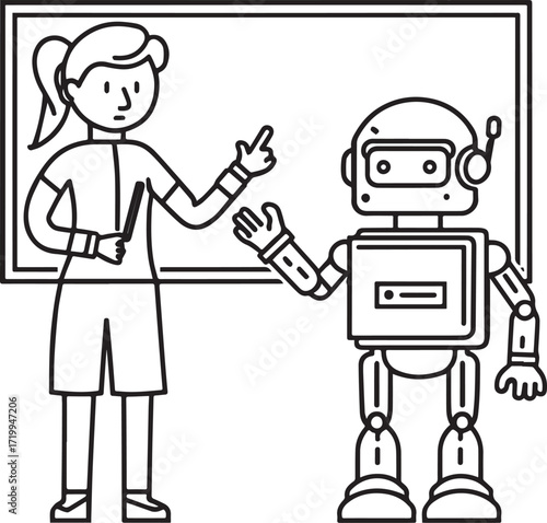A set of clean vector illustrations showing human-robot interaction in education, work, and collaboration. EPS-ready line art for technology, STEM, and innovation themes