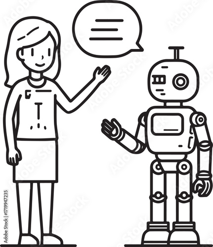 A set of clean vector illustrations showing human-robot interaction in education, work, and collaboration. EPS-ready line art for technology, STEM, and innovation themes