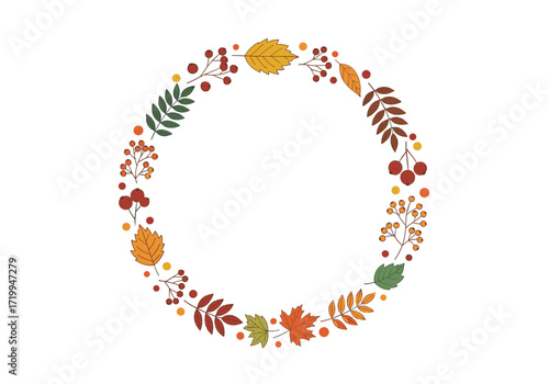 A beautiful circular wreath composed of colorful autumn leaves and berries.