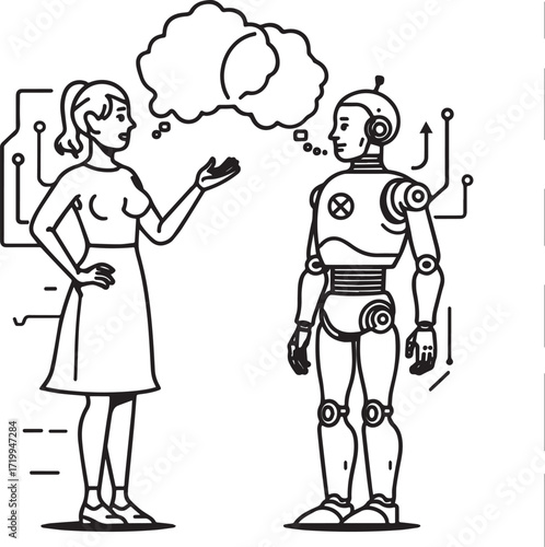 A set of clean vector illustrations showing human-robot interaction in education, work, and collaboration. EPS-ready line art for technology, STEM, and innovation themes