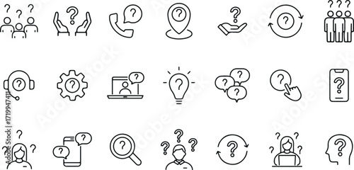 support line icons, customer service doodle, help desk outline pack, question mark icons, headset line symbols, UX support vector, minimal outline QnA, FAQ symbols line, assistance doodle kit, online 