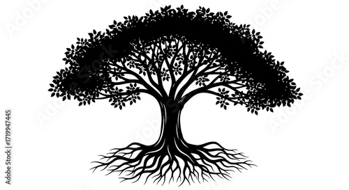 A majestic, black silhouette of a large tree with expansive roots, showcasing strength and longevity.