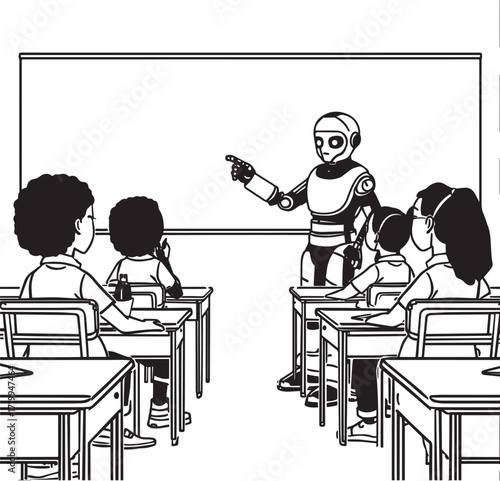 A set of clean vector illustrations showing human-robot interaction in education, work, and collaboration. EPS-ready line art for technology, STEM, and innovation themes