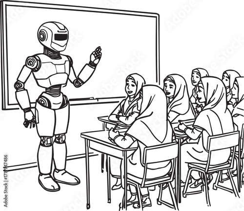 A set of clean vector illustrations showing human-robot interaction in education, work, and collaboration. EPS-ready line art for technology, STEM, and innovation themes