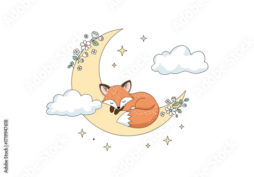 A cute fox sleeps soundly on a crescent moon surrounded by clouds and stars.