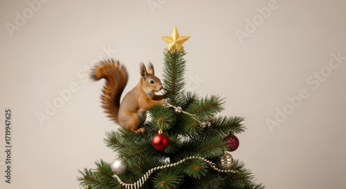 Playful Squirrel Perched on Top of a Decorated Christmas Tree Reaching for the Star Topper