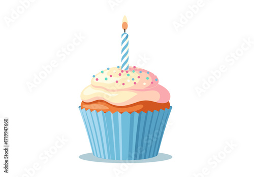 A single delicious frosted cupcake with a lit candle and colorful sprinkles sitting in a blue paper liner on a white background.
