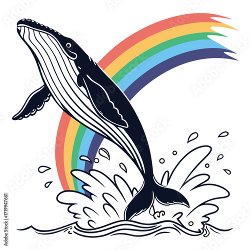 A majestic black and white whale breaches from the ocean with a colorful rainbow arching in the background.