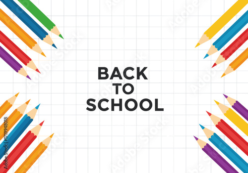 Bright colored pencils arranged on a grid background with the words back to school in the center.