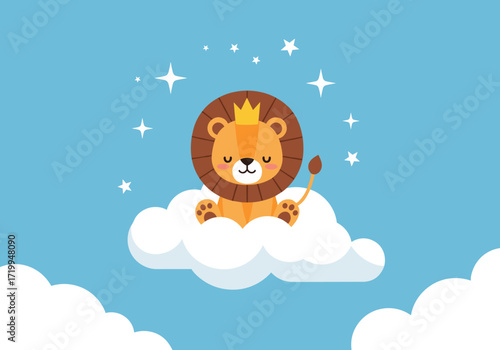 A cute little lion king sleeps peacefully on a cloud under a starry sky.