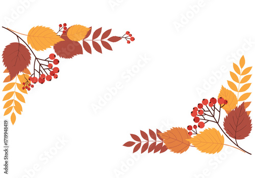 Decorative autumn foliage and berry branches in the corners of the image.