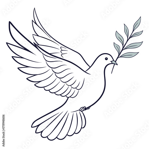 A white dove in flight, holding an olive branch, symbolizing peace and hope.