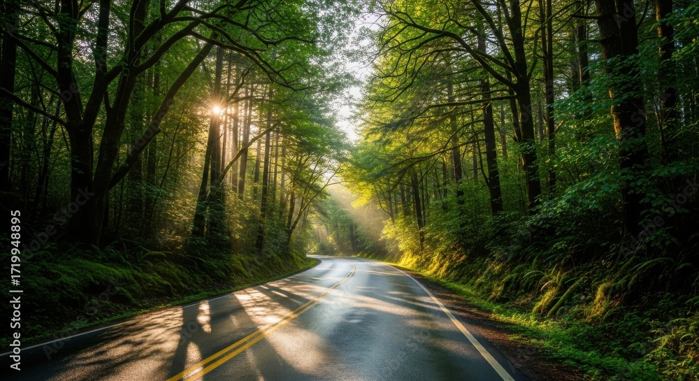 Fototapeta premium Sunlight Through Green Forest Trees Over Empty Winding Road
