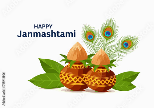 Happy Janmashtami celebration with traditional pots and peacock feathers.