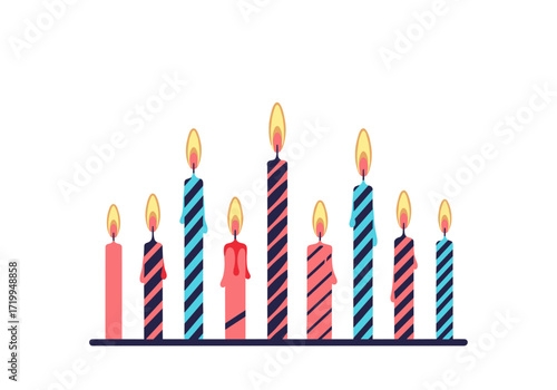 A group of festive birthday candles lit up on a white background.