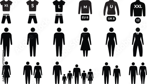Clothing size and fit glyph icon set. Vector pictograms of maternity, unisex, measurement, chart, short, long length, cropped, tapered, bootcut, flared, black sign silhouette illustration