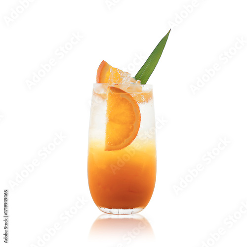 Isolated cold beverage fresh Brazilian citrus juice with orange slice, summer drinks