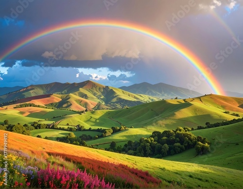 Stunning rainbow over rolling hills