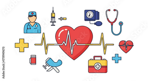 Medical icons including heart, doctor, and medical equipment.
