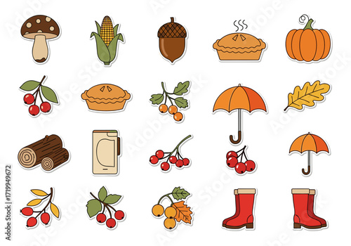 A collection of charming autumn harvest icons and symbols for seasonal decoration