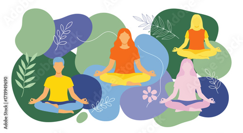 Diverse group of people meditating peacefully in a serene, abstract natural setting with organic shapes and foliage.