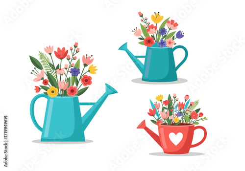 Beautiful blooming flowers in decorative watering cans for garden artistry.