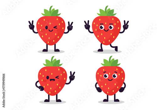 Four cute cartoon strawberry characters showing various emotions and making peace signs.