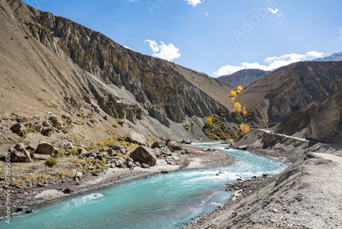 Scenic Spiti River Flowing Through Spiti Valley, Rugged Himalaya Mountains, Himachal Pradesh, India