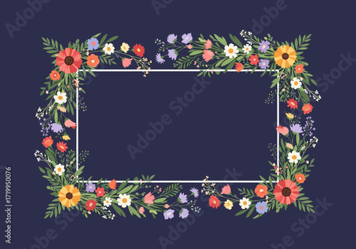 A delicate rectangular floral frame composed of wildflowers and greenery on a dark blue background.