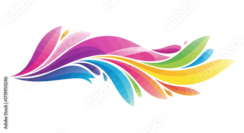 Abstract colorful graphic design with flowing, vibrant shapes resembling feathers or leaves.