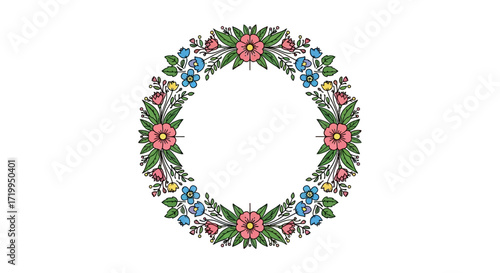 Hand-drawn floral wreath with pink, blue, and yellow flowers and green leaves on a white background, forming a decorative circular frame.