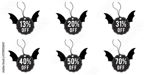 Spooky Halloween bat discount labels with percentages from 13 to 70 percent off for seasonal sale promotions