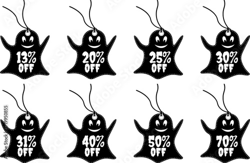 Spooky Halloween ghost discount labels with percentages from 13 to 50 percent off sale offers