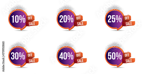 Colorful round sale discount stickers with percentages 10 to 50 percent off promotion labels
